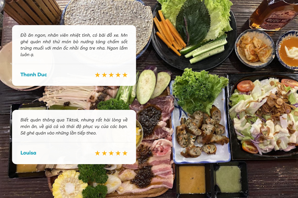 Món ăn tại quán được đánh giá cao, đặc biệt làm món bò nướng tảng chấm sốt trứng muối và ốc nhồi ống tre